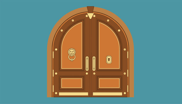 Vintage arched wooden double door featuring elegant brass panels, keyhole, and a majestic lion head door knocker.