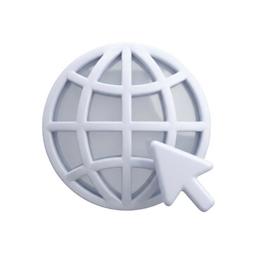 3d globe icon with a computer mouse cursor arrow isolated on transparent background