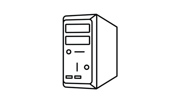 Simple black line drawing of a desktop computer tower case symbolizes technology, hardware, and office equipment.