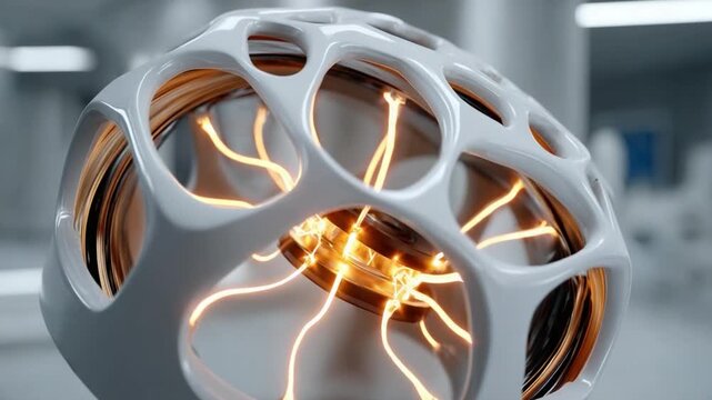 Futuristic Energy Sphere: A captivating abstract orb showcasing intricate internal lattice work with glowing orange energy currents, representing advanced technology and innovation.