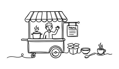 Naklejka premium Continuous Line Street Food Vendor Stall Hand Drawn Doodle Vector