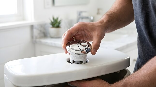 Person installing a dual flush toilet button mechanism in a bathroom