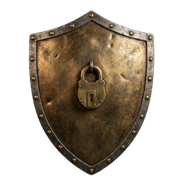 Antique metal shield with a padlock attached isolated on transparent background