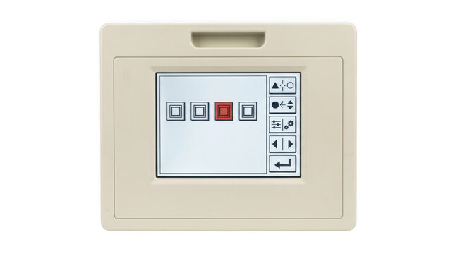 Industrial control panel interface with a touchscreen display isolated on transparent background