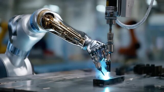 Robotic Arm Precision Welding: A sophisticated robotic arm meticulously performs a welding operation with precision, showcasing advanced technology and industrial automation.