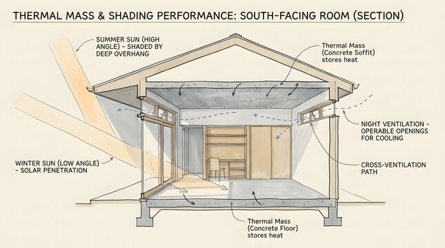 Thermal mass and shading performance section drawing for south facing room climate management.