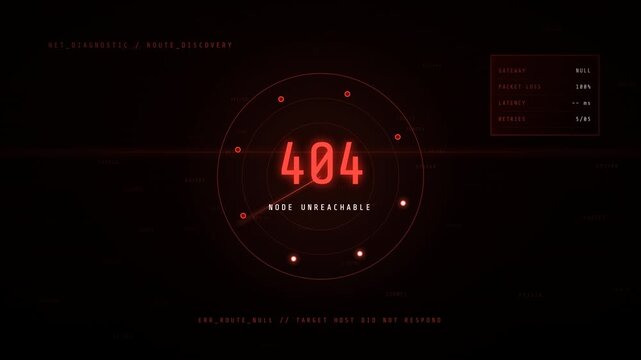 Futuristic digital interface showing a 404 network connection error and system failure alert.