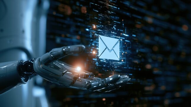 Futuristic robot hand holding glowing envelope icon representing digital communication and electronic mail technology concept in dark space