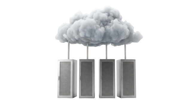 Four server racks connected to a single cloud, isolated on transparent background