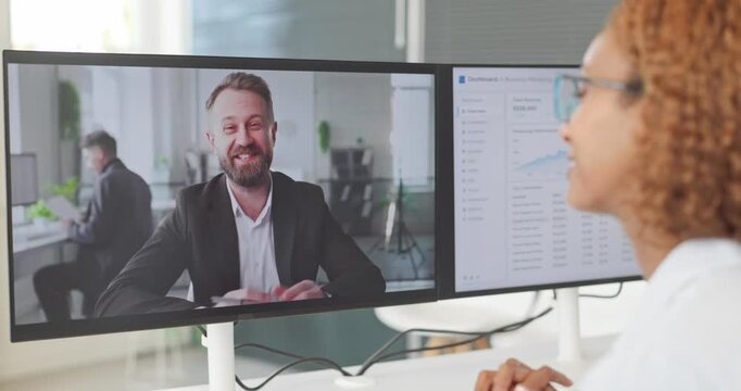 Businesswoman and businessman join a remote videoconference meeting. She reviews dashboard analytics while connecting with a colleague. Remote teamwork supports modern business communication.