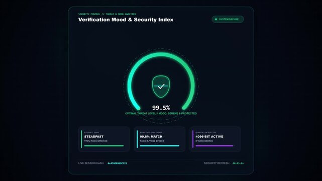 Dark interface displays verification and security index. Green checkmark shows 97.3% success rate. Data metrics highlight stream status, activity, and security