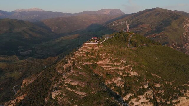 Aerial View of Moni Panagias Koryfis Monastery at Sunset, Corinthia, Greece