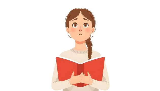 Confused girl reading a book