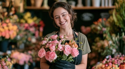 Fototapeta premium Smiling young woman florist holding fresh pink rose bouquet in flower shop with blurred floral background