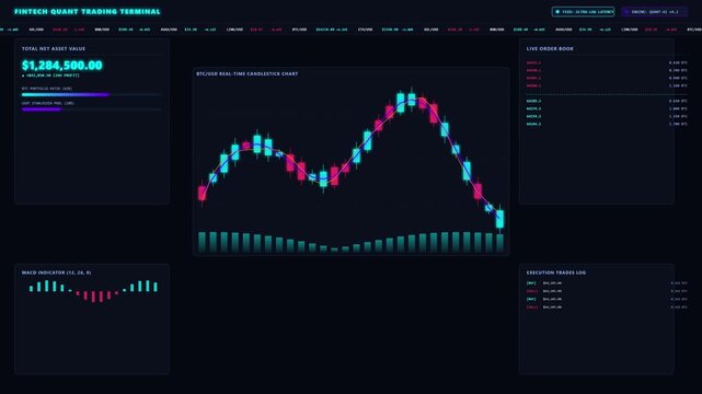 Futuristic Fintech Trading Terminal Featuring Real-time Cryptocurrency Candlestick Charts and Financial Analytics Dashboard for Quantitative Market Analysis.