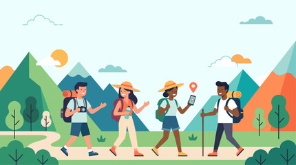 Fototapeta premium Four diverse friends hiking in a vibrant mountain landscape with backpacks and hats, enjoying outdoor adventure.
