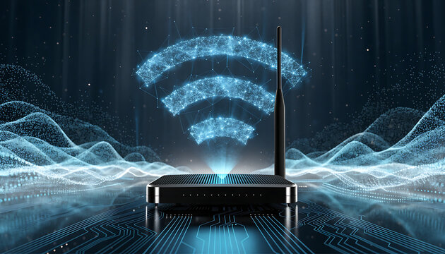 Wireless internet router with glowing blue signal wave connection symbols wifi router network technology data transmission cyber network digital waves online access high speed blue light