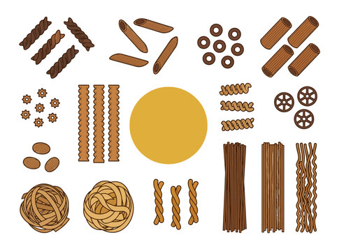 Set of various dry Italian pasta shapes vector illustration