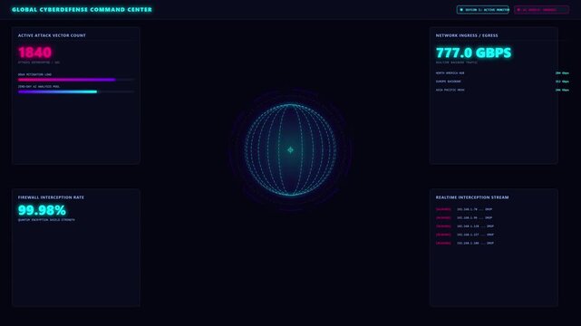 Futuristic cyber defense command center dashboard showing global data monitoring, network traffic stats, and security analytics with digital globe interface in neon tech style.