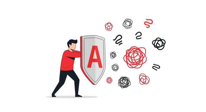 Man Holding a Shield with Letter A for Protection Against Chaos and Security Threats. Concept of Cybersecurity, Risk Management, Data Defense, and Malware Prevention Illustration.