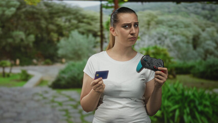 Woman holding gamepad and creditcard, wearing white t shirt and frowning on a garden path, looking puzzled about payment  frustration payment doubt. © Krakenimages.com