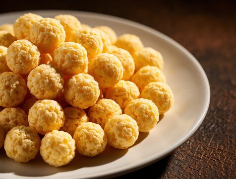 Crispy corn cereal balls pile on a light plate ready for breakfast. Small crunchy spheres offer a grain-based snack option on a rustic table. This appetising food looks healthy and delicious.