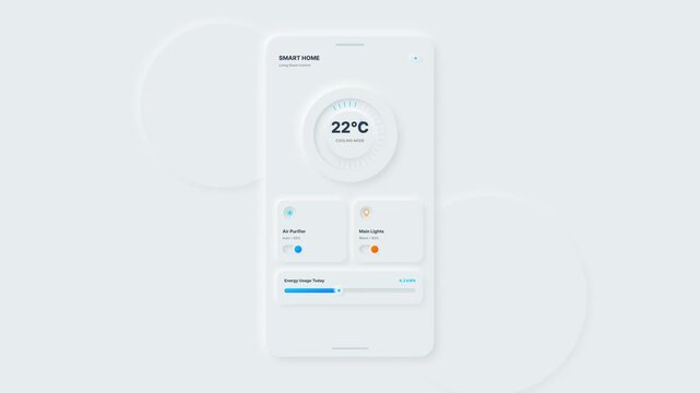 Minimalist neumorphic smart home application interface on a smartphone screen featuring climate control, energy monitoring, and lighting automation for modern domestic management.