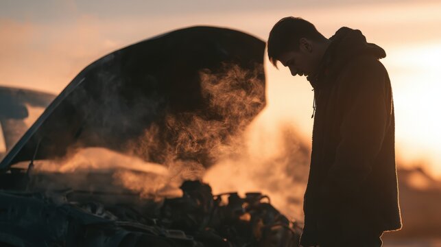 Young man standing outside at sunset looking at steaming open car hood with engine trouble on a cold day