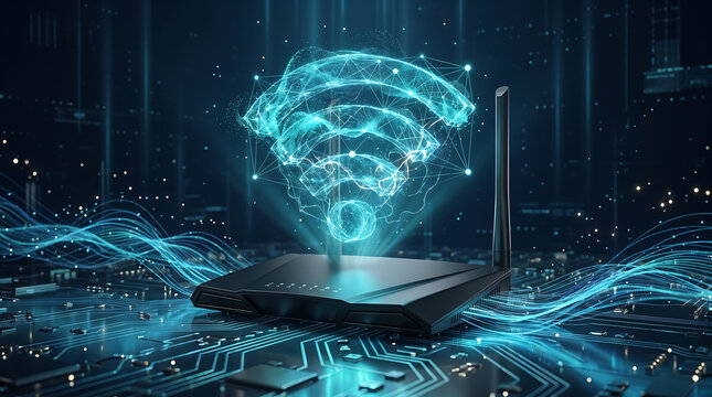 High speed wireless internet signal emitting from a modern router on a circuit board with wifi signal router device data connection connectivity solution network hardware digital communication