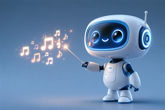 3D rendered chibi robot mascot conducting a tiny orchestra of musical note icons, soft studio lighting, pastel color palette, playful mood, negative space on the left. AI gen