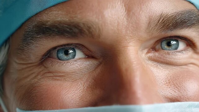 Intense Focus: A close-up shot highlights the piercing blue eyes of a medical professional, conveying a sense of dedication and concentration during a critical moment.