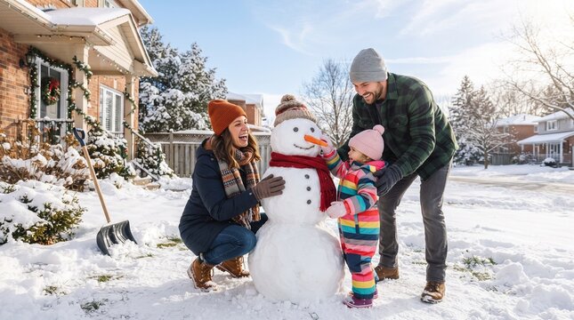 A happy family building a snowman together in the snow