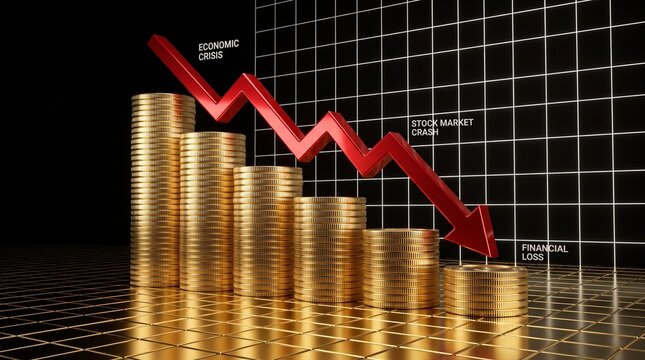 3D render of decreasing gold coin stacks and red downward arrow representing economic crisis and stock market crash.