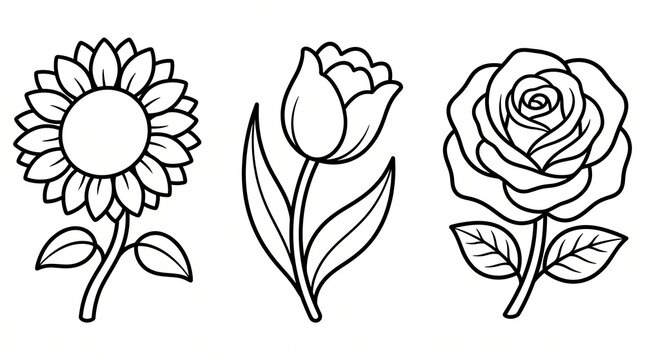 A collection of three simple hand drawn flower illustrations featuring a sunflower a tulip and a blooming rose design