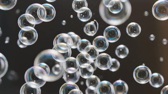 Many iridescent soap bubbles floating and bursting in slow motion against a dark background