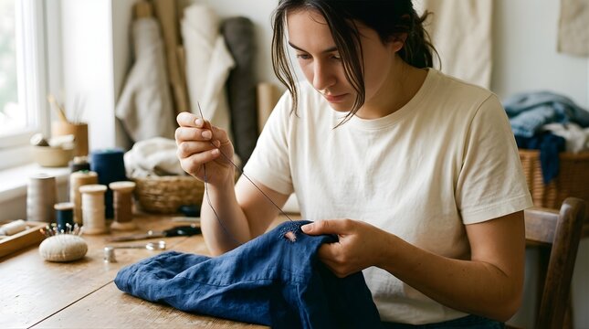 Young woman mending blue cloth with needle and thread in craft studio