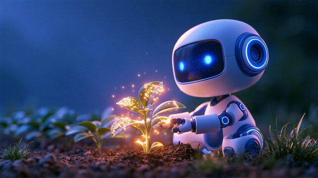 3D rendered chibi robot mascot planting a row of glowing binary-code seedlings, soft pastel lighting, playful mood, clean matte materials, negative space on the right. AI gen