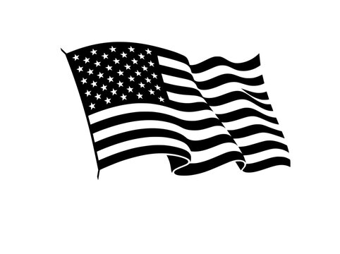 American flag waving vector, black and white USA flag silhouette, patriotic United States banner icon for national holidays