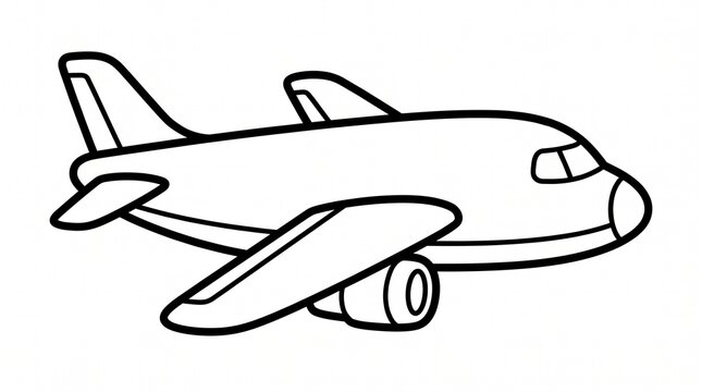 Simple black and white line drawing of a commercial passenger airplane in a side view against a white background