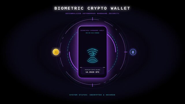 Biometric Crypto Wallet Interface Showing Digital Assets and Secured Blockchain Financial Transaction