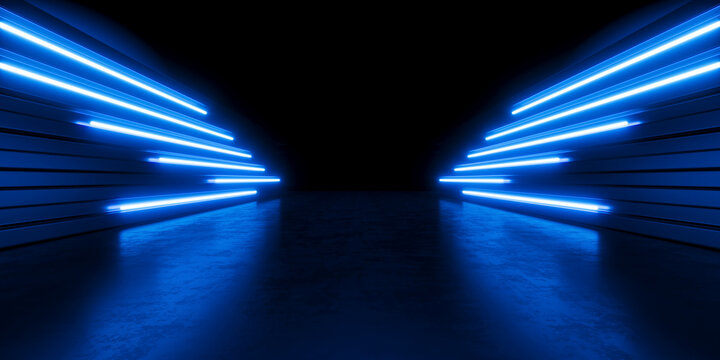 Futuristic Blue Neon Tunnel with Glowing Lights - 3d rendering