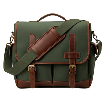 Green leather crossbody messenger bag with adjustable strap isolated isolated on transparent background