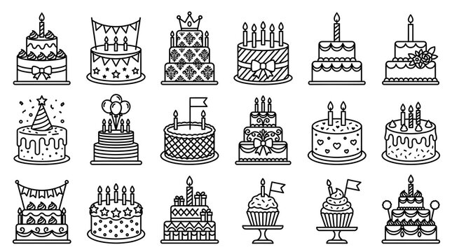 Set of black and white line art illustrations of decorated