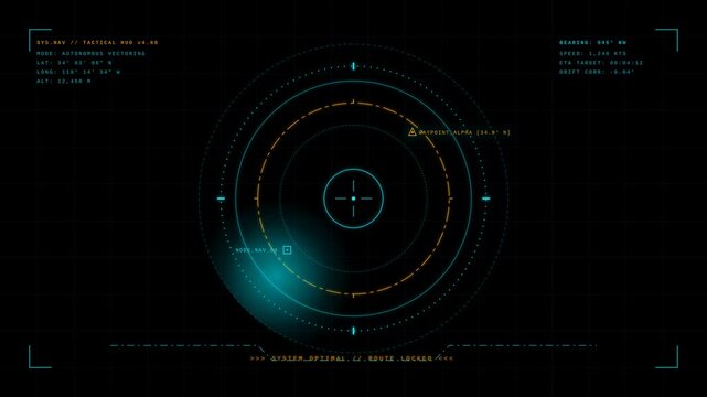 Futuristic HUD Navigation Interface for Autonomous Vehicle Guidance with Digital Radar Scan Display