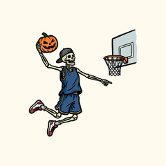 Skeleton Playing Basketball Slam Dunk with Pumpkin Halloween Vector Illustration © Styrine