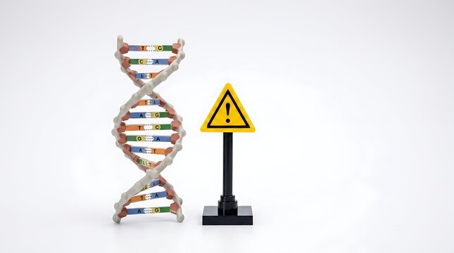 Dna helix model with warning sign for hereditary genetic disorders