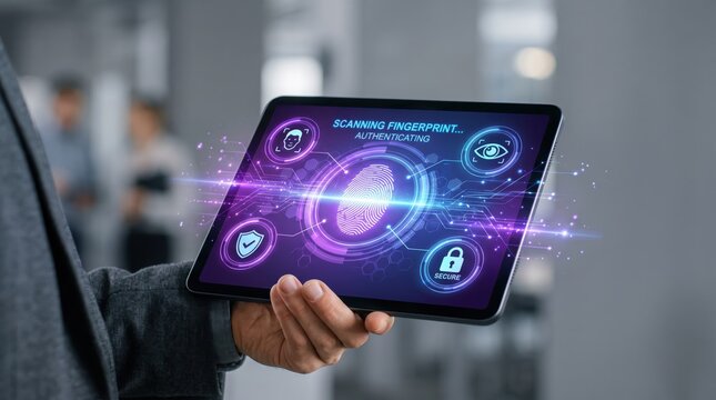 Futuristic tablet displaying fingerprint scanning authentication interface, cybersecurity biometric identity verification, hand holding device with holographic purple and blue