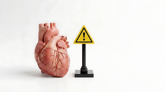 Human heart model with warning sign for coronary artery disease risk