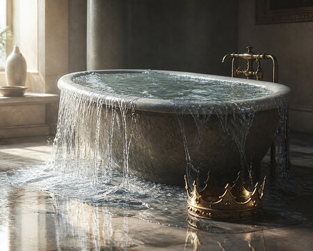 Overflowing bath with crown and buoyancy discovery concept