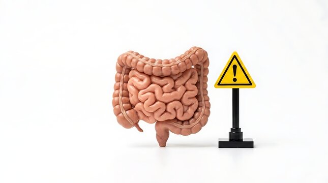 Human intestine model with yellow warning sign for colitis and ibs risk